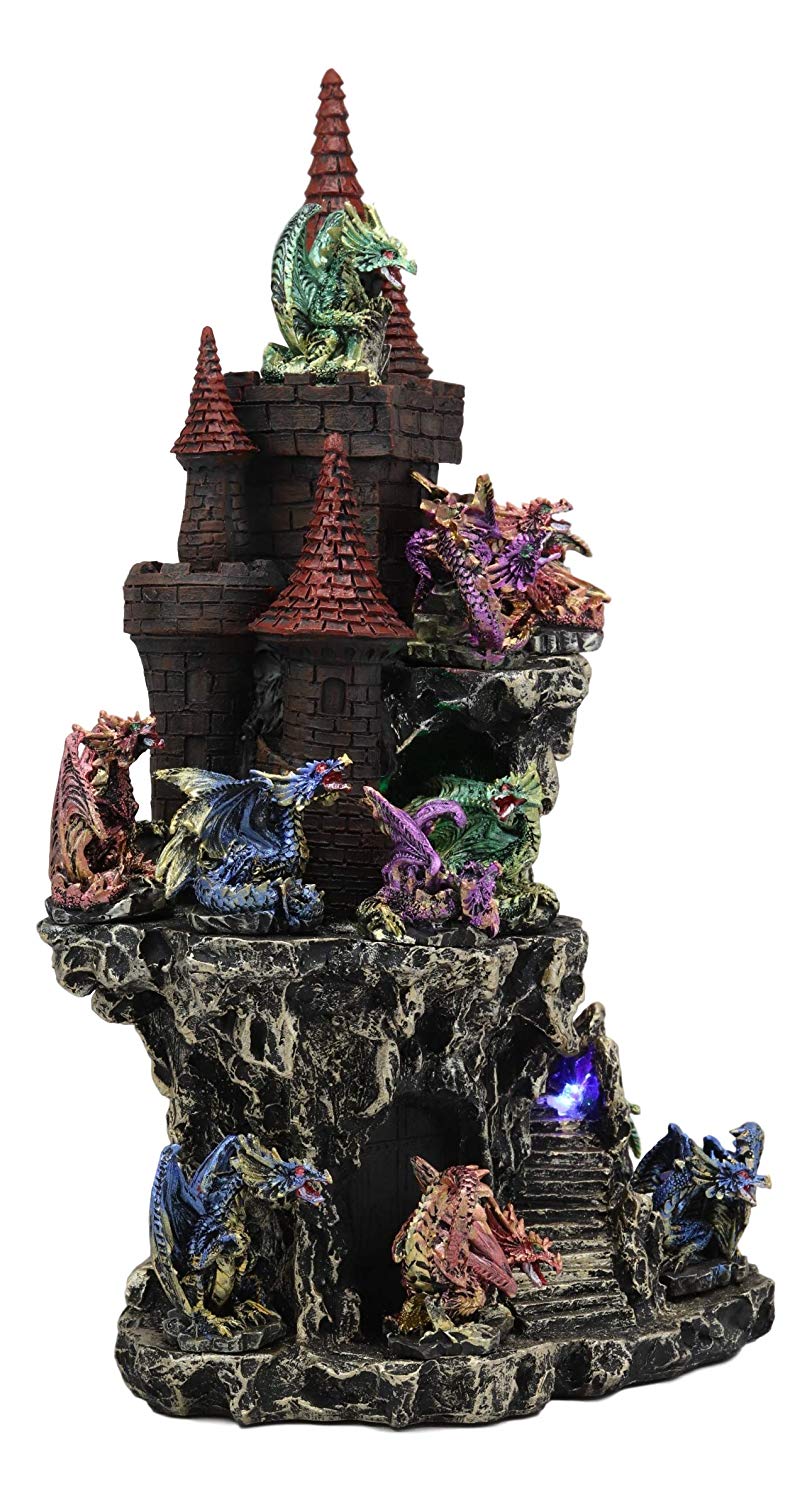 Ebros Medieval Renaissance Castle Tower Fortress by Stepped Rocky Cliff Display Stand Statue With 12 Miniature Dragons In Different Poses Figurine 13 Piece Set Featuring Color Changing LED Night Light