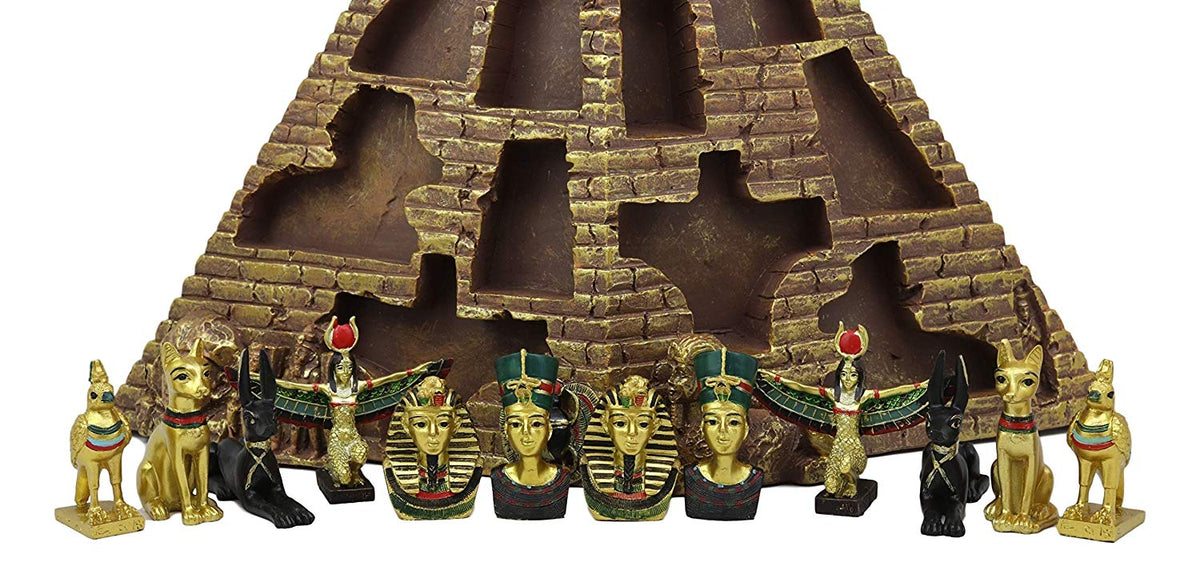 Ebros Egyptian Monument Pyramid Display Statue Featuring 6 Miniature Gods Goddesses King TUT Nefertiti Horus Bastet Isis Anubis for Educational and Decorative Centerpiece - Ebros Gift