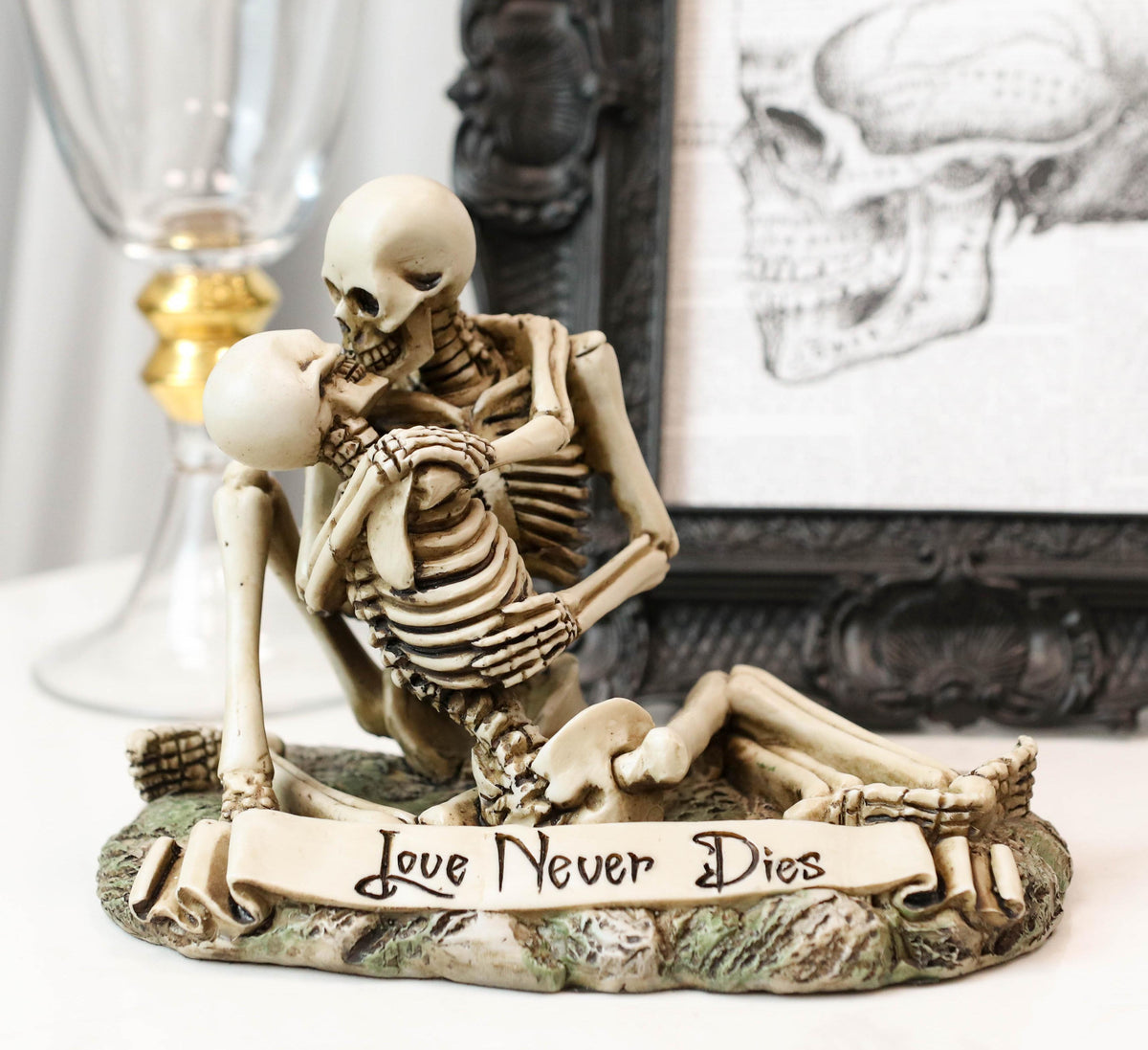 Love Never Dies Day Of The Dead Skeleton Couple Kissing By The Graveyard Statue - Ebros Gift