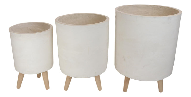 Set of 3 Contemporary White Fiber Clay Cylindrical Planter Pots With Wooden Feet