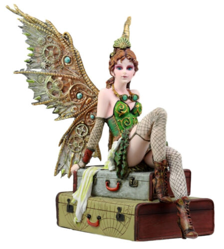 Ebros Steampunk Burlesque Traveler Fairy Sitting On Suitcases Figurine 9" H Victorian Atlas Globe Faerie with Clockwork Wings (Suitcase Atlas)