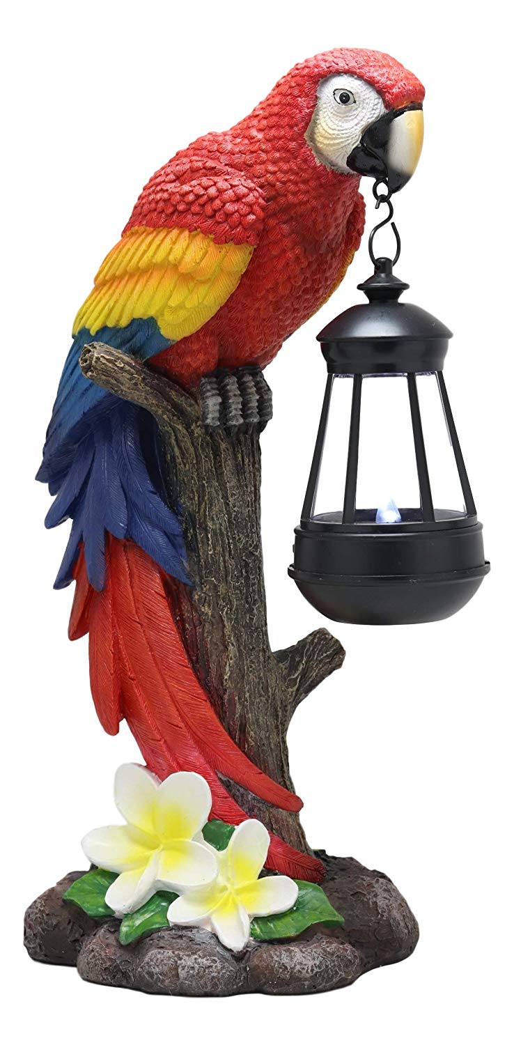 Ebros 14" Tall Red Scarlet Macaw Parrot Perching On Tree Stump Statue with Solar LED Lantern Light Path Lighter Home Garden Patio Parrots