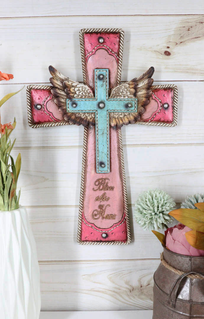 Rustic Western Cowgirl Pink And Turquoise Angel Wings Bless This Home Wall Cross