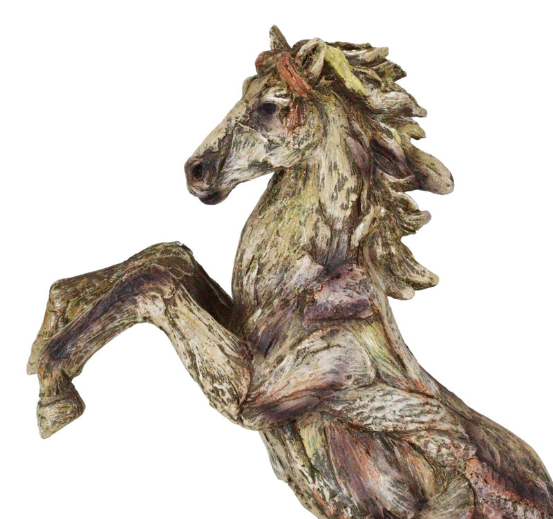 Rustic Western Rearing Prancing Horse in Faux Wooden Carving Resin Figurine