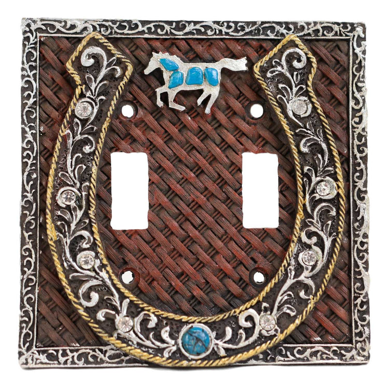 Set of 2 Western Horseshoe Turquoise Mustang Wall Double Toggle Switch Plates