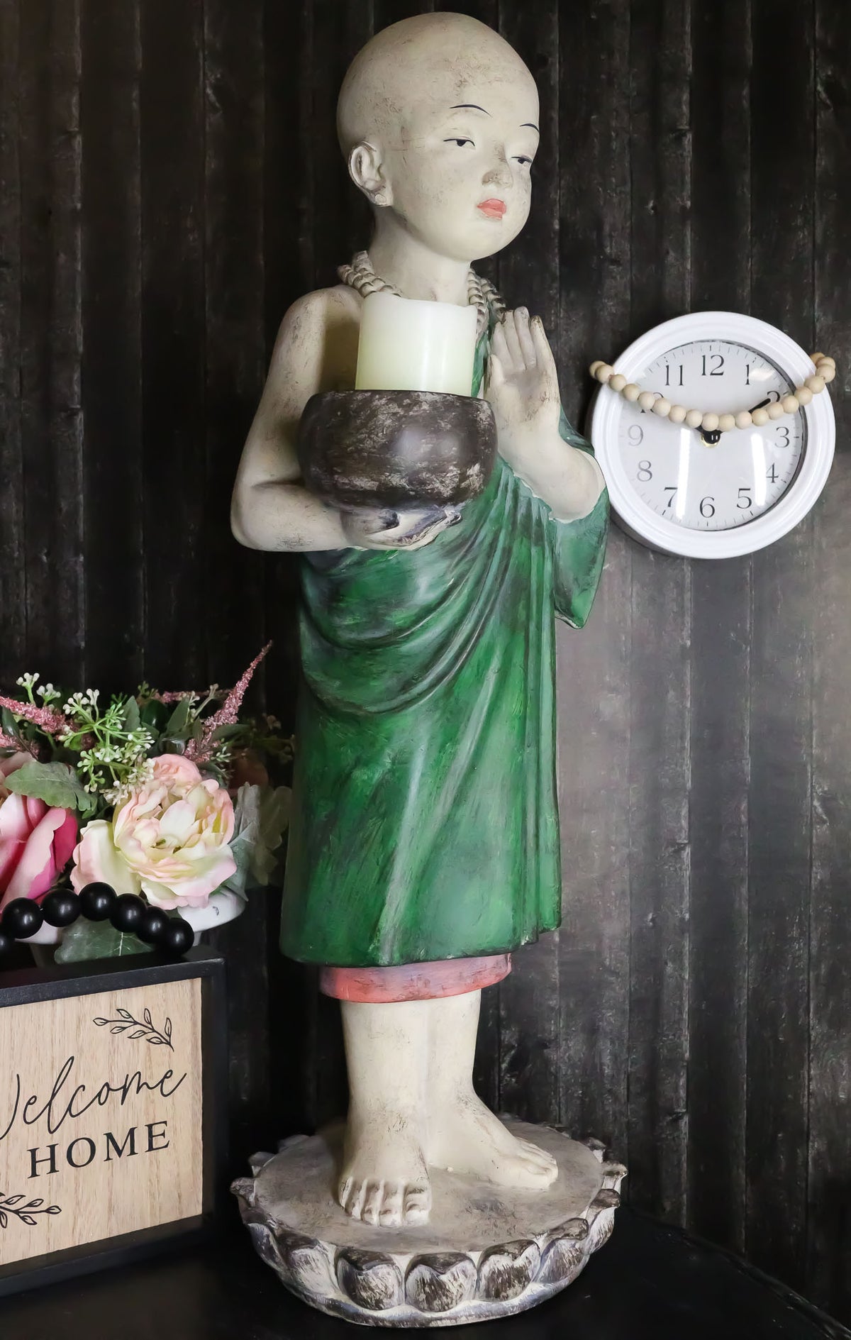 Ebros 24" Tall Jizo Buddha Monk Hand Greeting Pose Holding Bowl Bird Feeder Bath - Ebros Gift