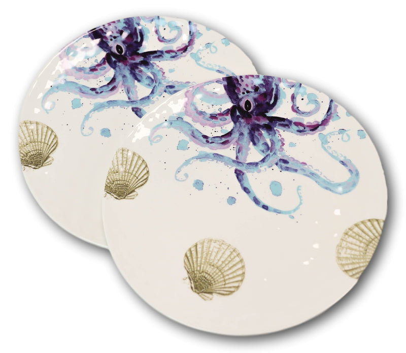 Ebros Nautical Marine Octopus Sea Shell Ceramic Round Dinner Plates 11"D 2-Pack