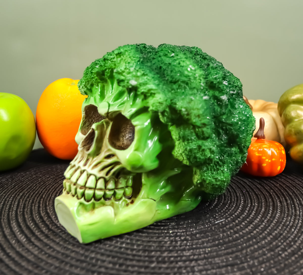 Ebros Green Vegetable Produce Sprouting Broccoli Skull Statue 6.25" Long - Ebros Gift