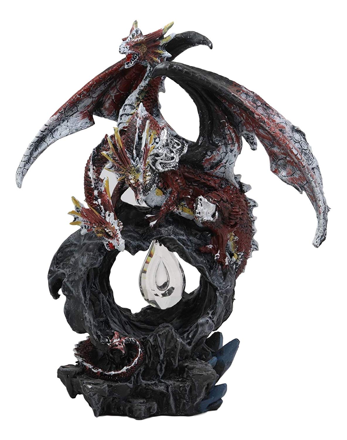 Ebros Gift 3 Headed Hydra Dragon Protecting Rune Crystal Decorative Figurine 9.75" Tall (Volcano Red and Silver Drake) - Ebros Gift