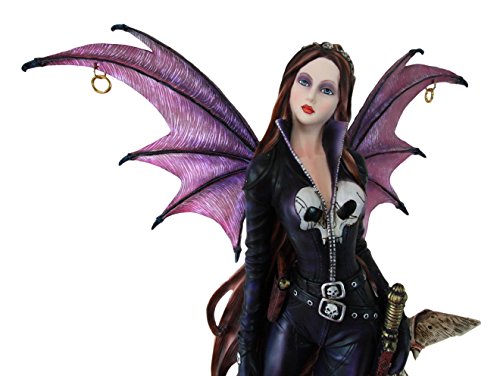 Ebros Large 22" Tall Goth Rocker Biker Skull Fairy With Pet Dragon Statue