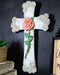 Rustic Western Pink Stalk of Rose With Tooled Flowers Faux Stone Wall Cross