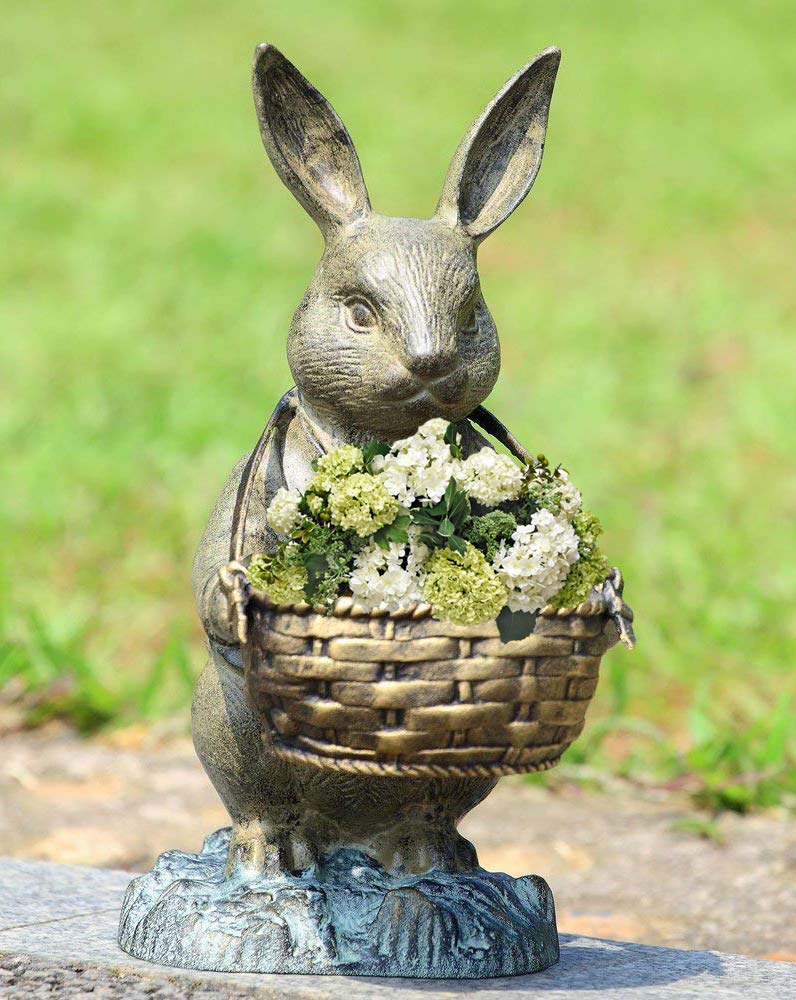 Ebros Aluminum Rustic Bunny Rabbit Holding Basket Planter Pot Garden Statue 13"H