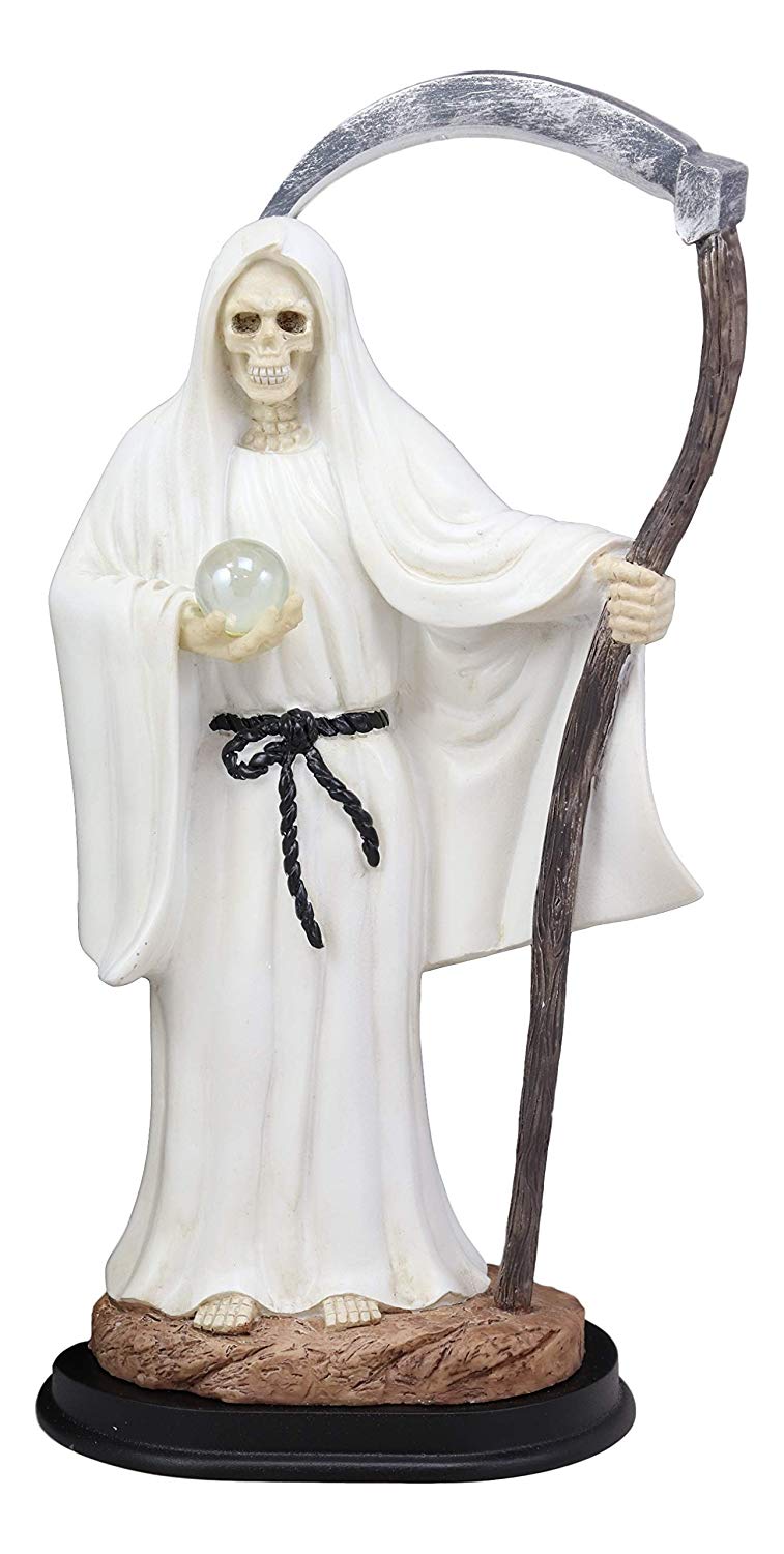 12.75" Tall Holy Death Santa Muerte Holding Scythe In White Tunic Robe Statue
