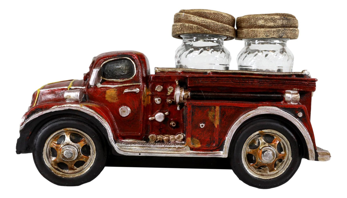 Vintage Red Fire Truck Engine Figurine Holder For Glass Salt and Pepper Shakers