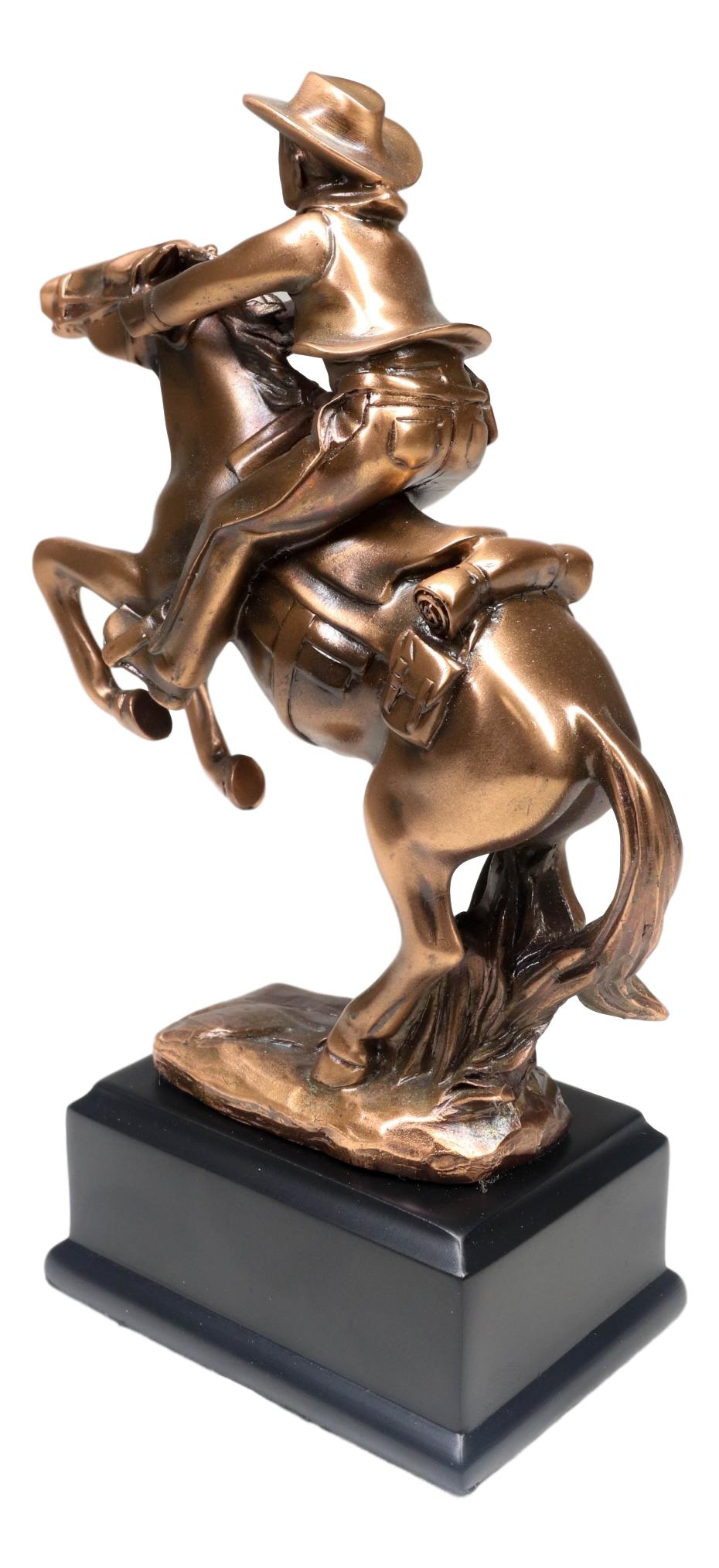 Wild West Cowboy With Rearing Horse In Pursuit Bronze Electroplated Figurine - Ebros Gift