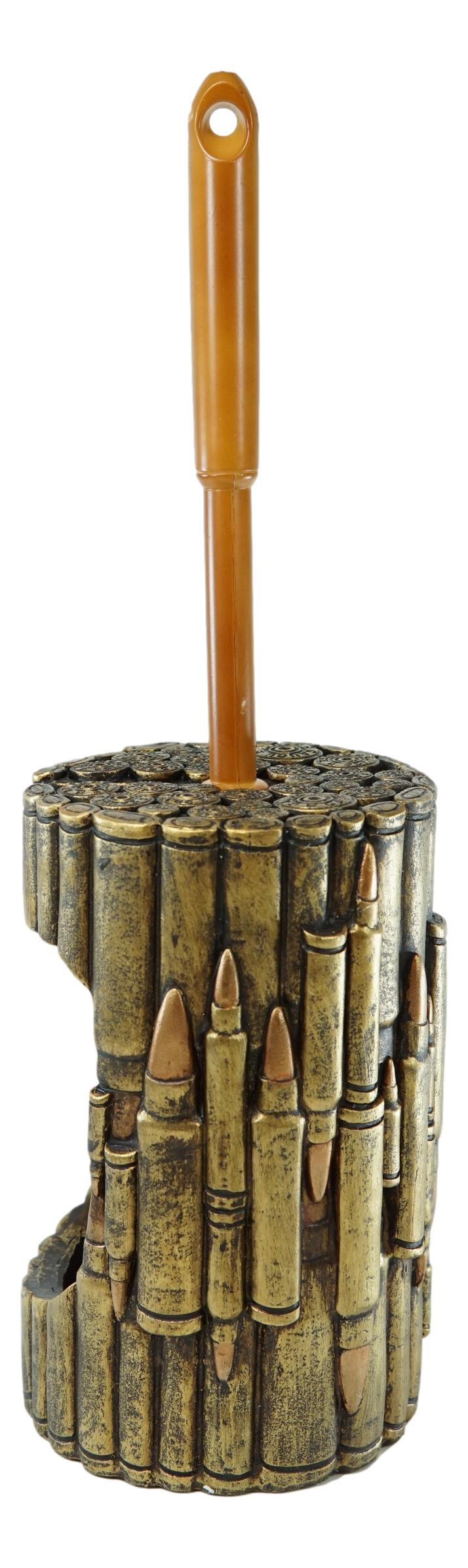 Western Military Rifle Ammo Shells Gold Tone Bullets Toilet Brush and Holder Set - Ebros Gift