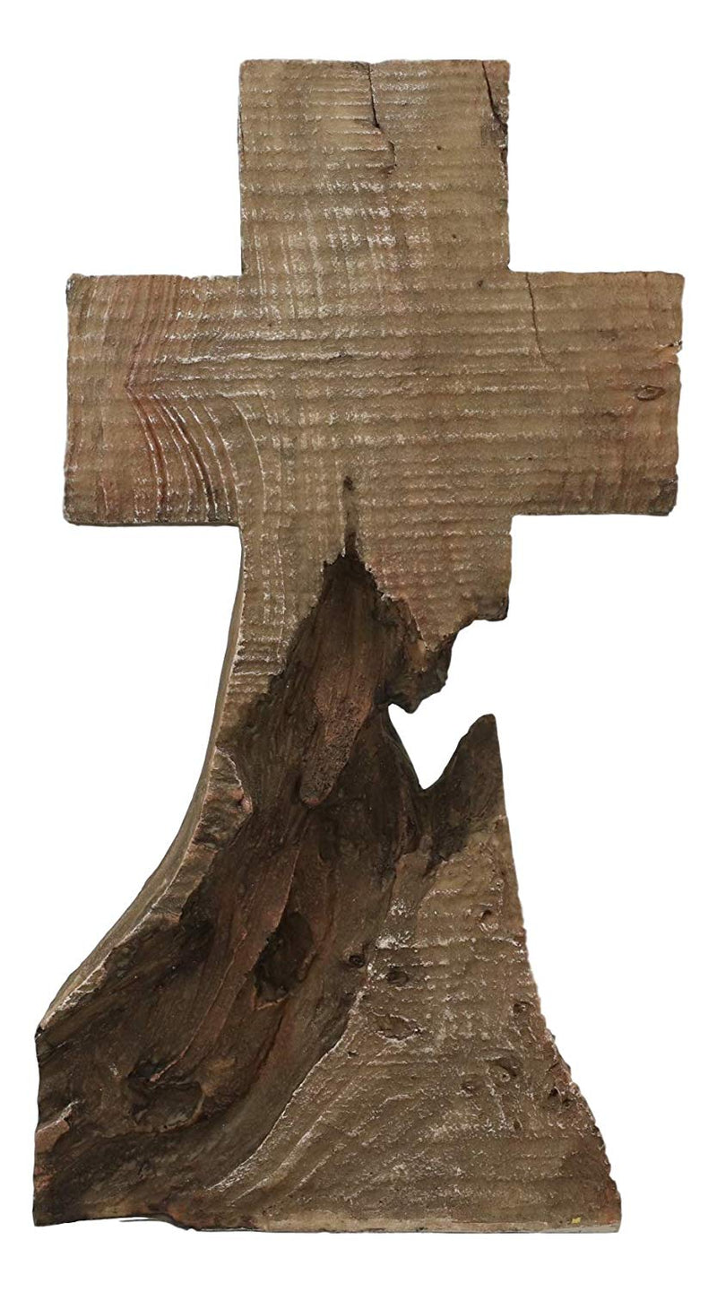 Ebros Rustic Distressed Wood Trunk Root Cross On The Mountain Sculpture 11.75" H