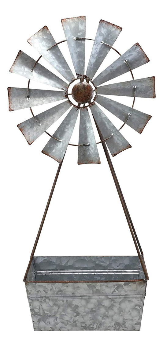 Vintage Galvanized Metal Windmill Wall Hanging Basket Planter Mail Holder 25"H