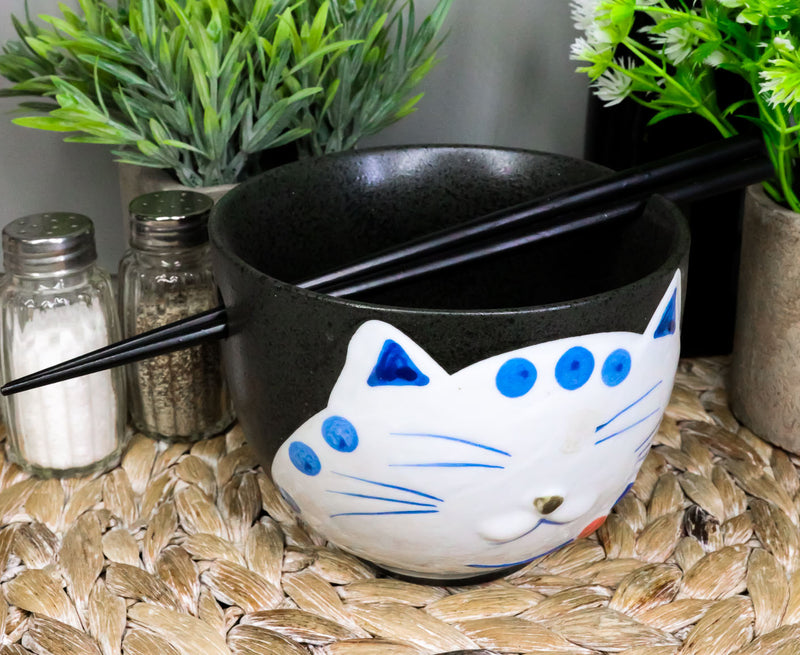 Ebros Whimsical Ceramic Black Lucky Meow Cat Ramen Noodle Bowl & Chopsticks Set