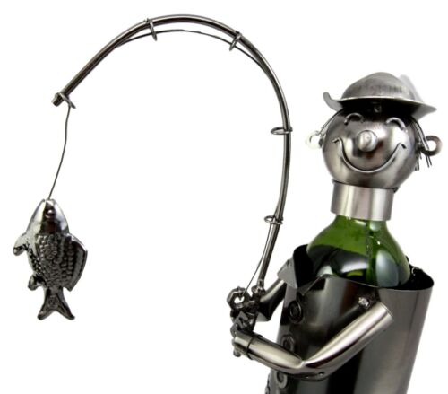 Ebros Camper Fishing Fisherman Catching Fish Hand Made Metal Wine Bottle Holder