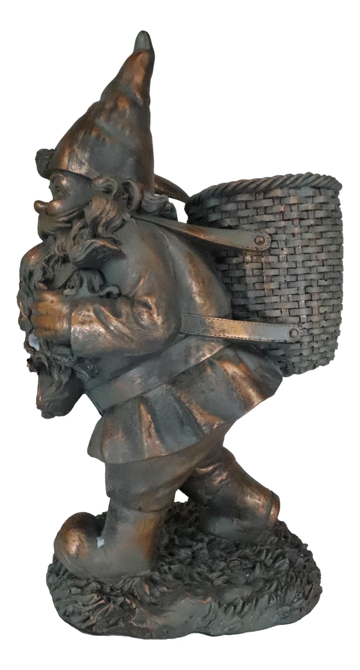 Hiking Garden Gnome With Spade And Wicker Basket Bag Floral Planter Vase Statue - Ebros Gift