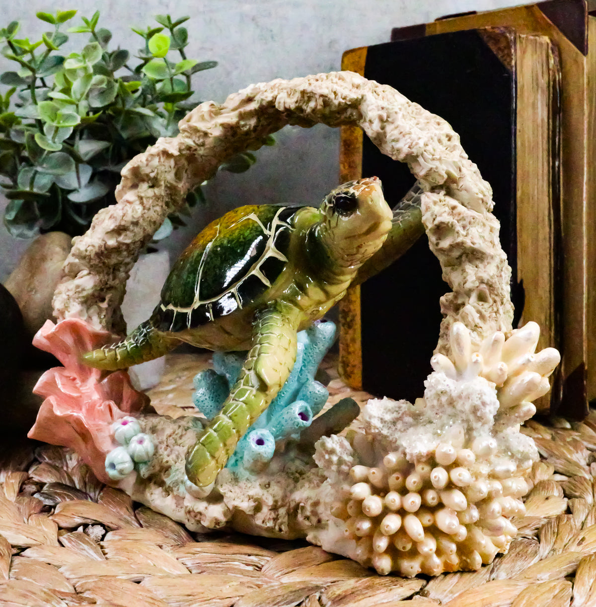 Ebros Large Nautical Marine Green Sea Turtle Swimming By Coral Reef Decor Statue