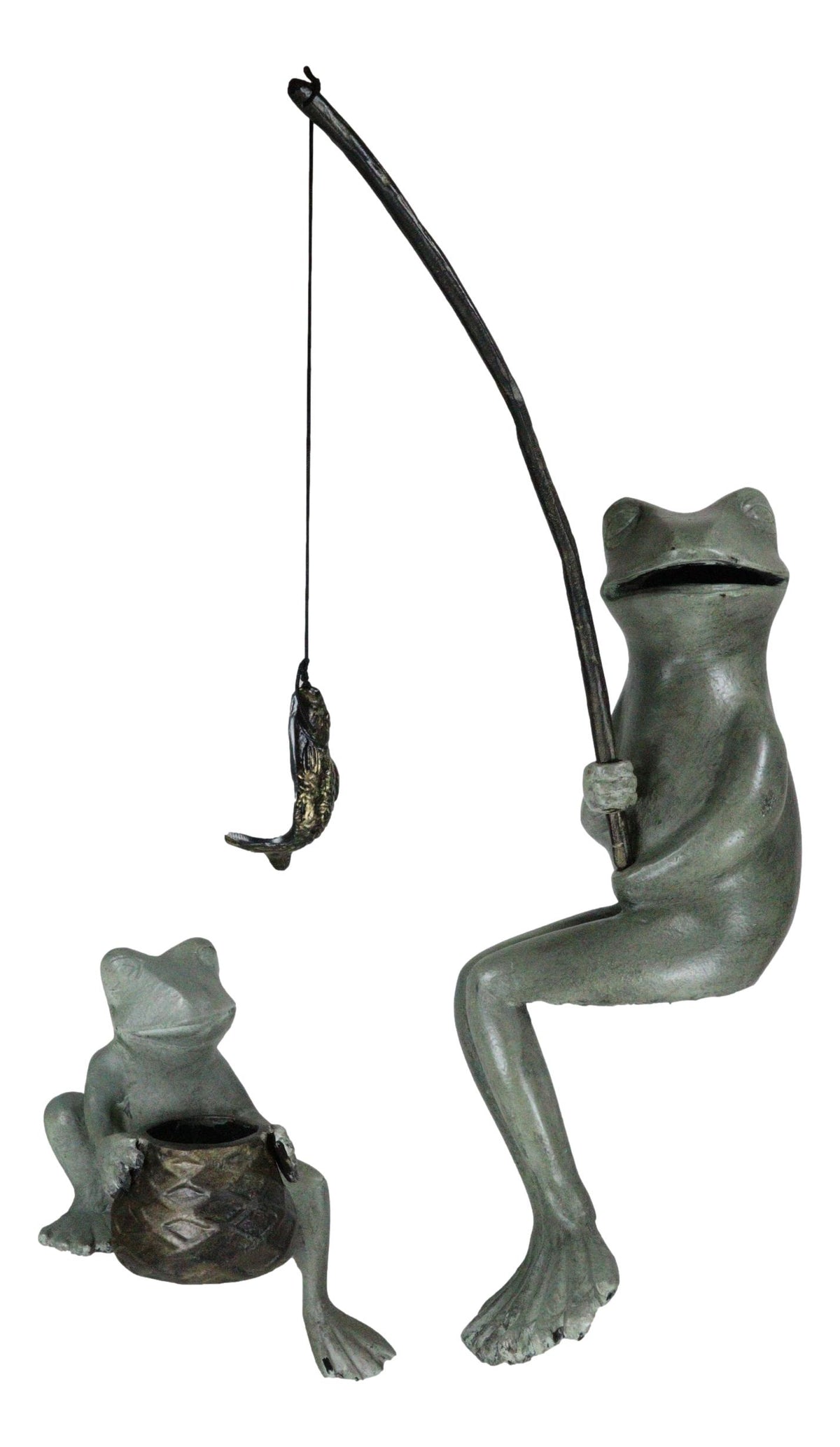 Ebros Large Verdi Green Aluminum Mama Frog and Baby Frog Fishing Garden Statue Bonding Time Whimsical Frog Themed Pond Patio Poolside Decorative Edge Sitter Sculpture Figurine