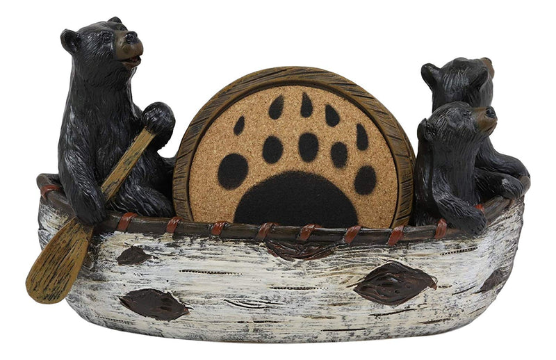 Ebros Gift Rustic Woodlands 3 Black Bears Family On Paddle Canoe Boat Bear Paw Coaster Set 4 Round Coasters with Figurine Holder 7" Long Cabin Lodge Mountain Lake Side Home Decor Kitchen Accent