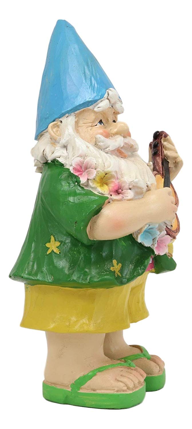 Hawaii Themed Vacation Fairy Garden Papa Gnome Playing Ukulele Statue Gnomes