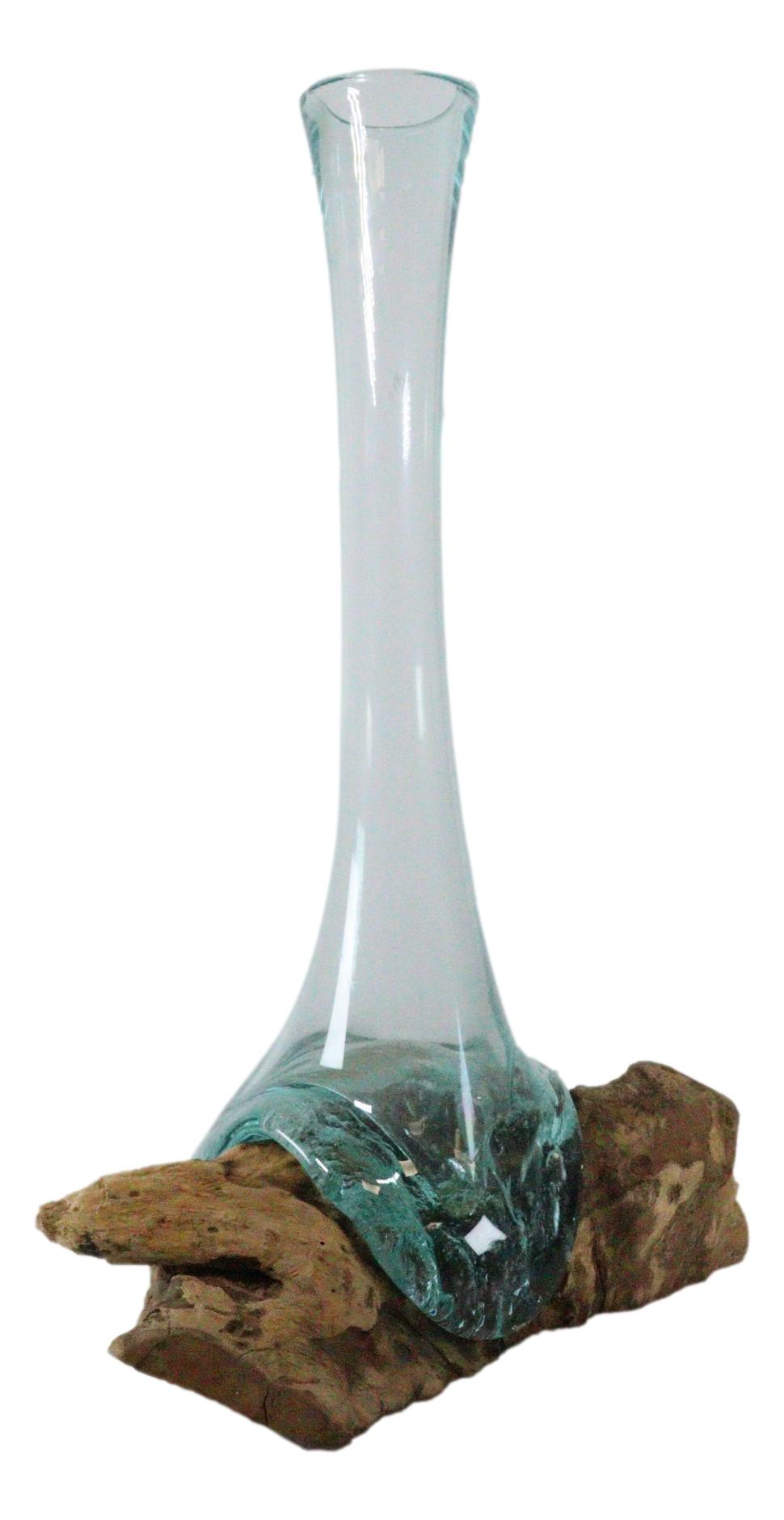 Balinese Gamal Driftwood With Long Necked Hand Blown Molten Glass Floral Vase - Ebros Gift