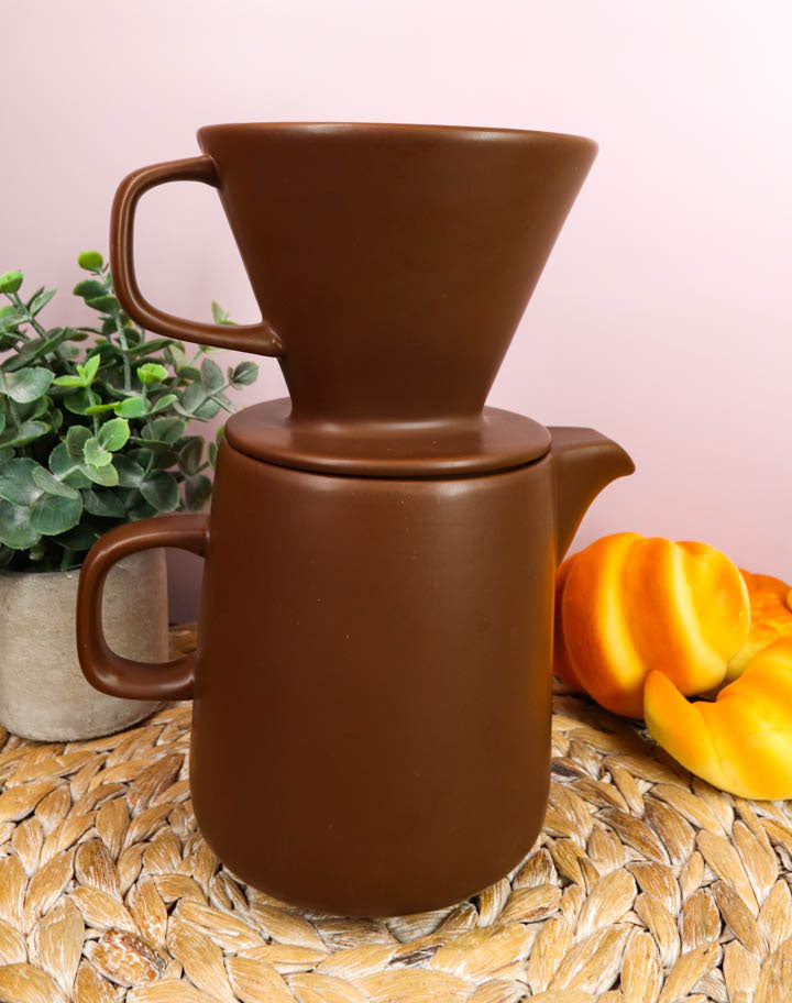 Brown Porcelain Coffee Maker Carafe Pot With Pour Over Dripper Filter Cup Set