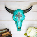 10.5"W Turquoise Southwest Steer Bison Bull Cow Skull Silver Cross Wall Decor - Ebros Gift