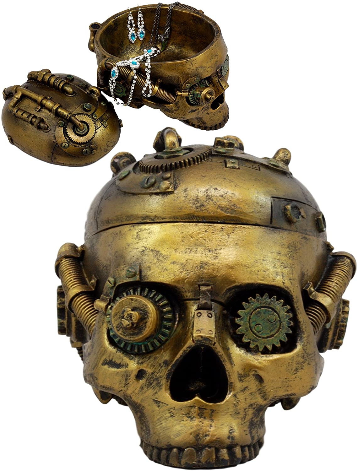 Steampunk Cyborg Robotic Skull Jewelry Box Figurine 7.5"L Skull Bowl Container - Ebros Gift