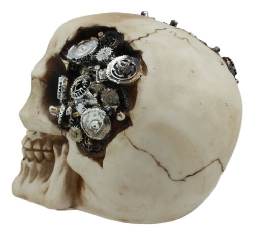 Steampunk Protruding Gearwork Cyborg Robotic Human Skull Figurine Skeleton