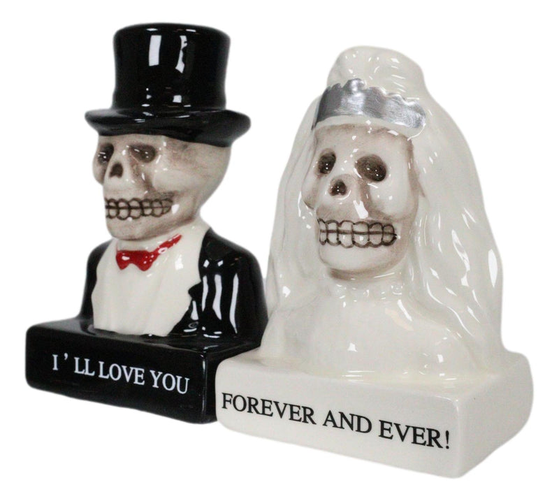 Wedding White Gown Bride And Black Tuxedo Groom Skulls Salt Pepper Shakers Set