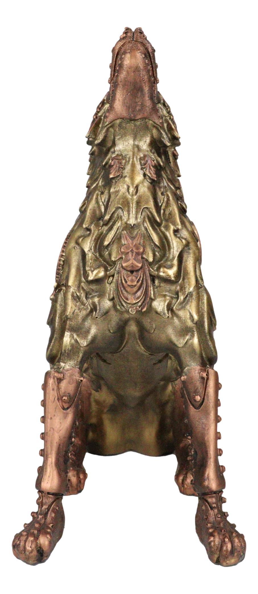 Steampunk Armor Geared Golden Robotic Alpha Wolf Howling At The Moon Statue - Ebros Gift