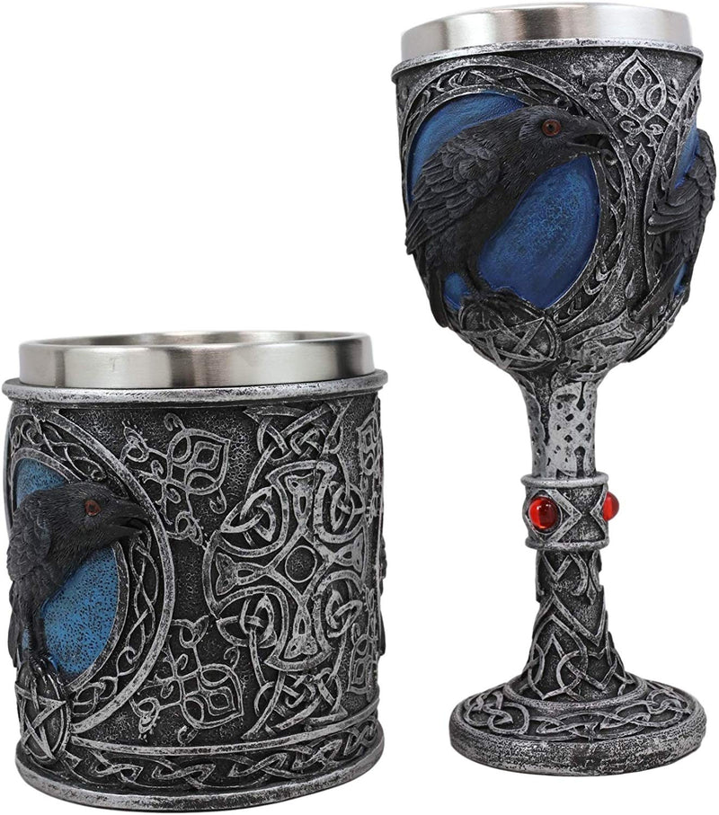 Ebros Moonlight Raven Crow With Celtic Tribal Tattoo Wine Goblet And Mug Set