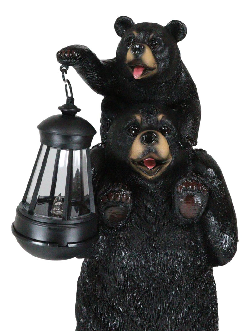 Ebros Rustic Black Bear Carrying Cub On Shoulder Statue 18.75"Tall With Solar LED Lantern Light Bear Family Guest Greeter"This Little Light Of Mine" Realistic Wildlife Black Bear Decor