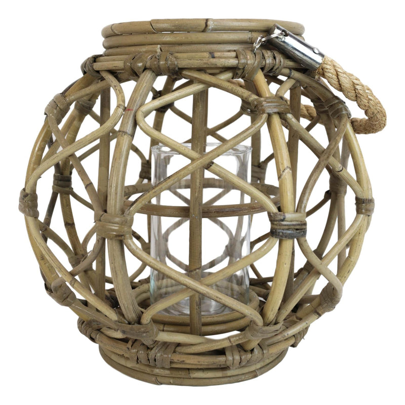 13"H Rustic Farmhouse Brown Woven Rattan Candle Lantern with Jute Rope Handle