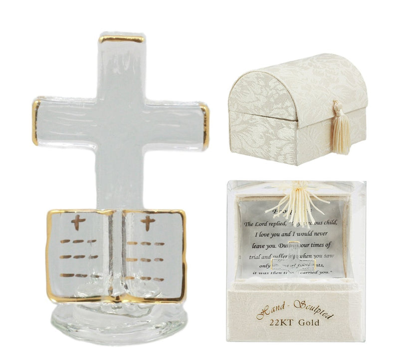 Ebros 22K Gold Plated "Footprints" Cross With Holy Bible Inspirational Hand Sculpted Crystal Glass Art Figurine 2.25"H Collectible In Window Fabric Gift Box - Ebros Gift