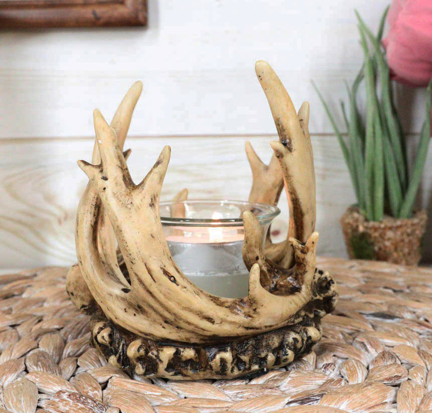 Rustic Western Buck Elk Deer Stag Entwined Antlers Crown Votive Candle Holder