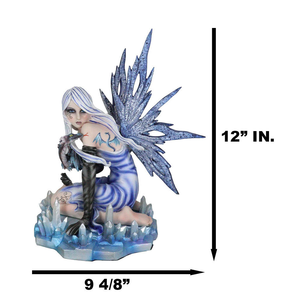 Elemental Ice Goddess Blue Fairy With Baby Dragon Hatchling Statue 12.25"Tall