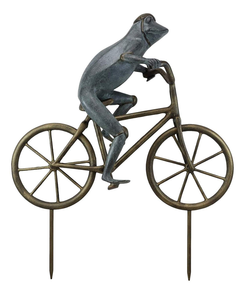 Ebros Gift 26.75" Tall Aluminum Metal Whimsical The Expedition Bicycling Frog with Helmet Garden Stake Statue Frogs Patio Pool Pond Lawn Yard Decorative Sculpture Feng Shui Zen Accent