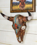 Western Turquoise Red Gems Cross Faux Leather And Wood Look Cow Skull Wall Decor