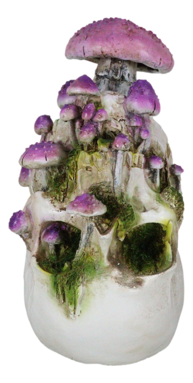 Day of The Dead Gothic Macabre Skull With Purple Fungi Mushrooms Figurine