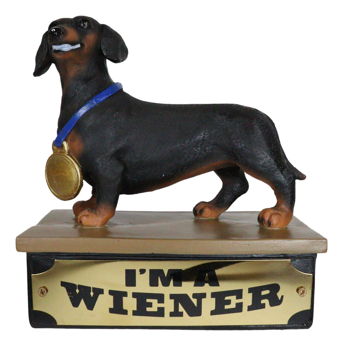 Award Trophy Dachshund Puppy Dog With Gold Medal Standing On Stage Figurine