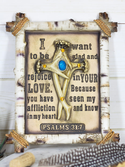 Rustic Faux Birchwood Turquoise Deer Antlers Cross Bible Verse Wall Decor Plaque
