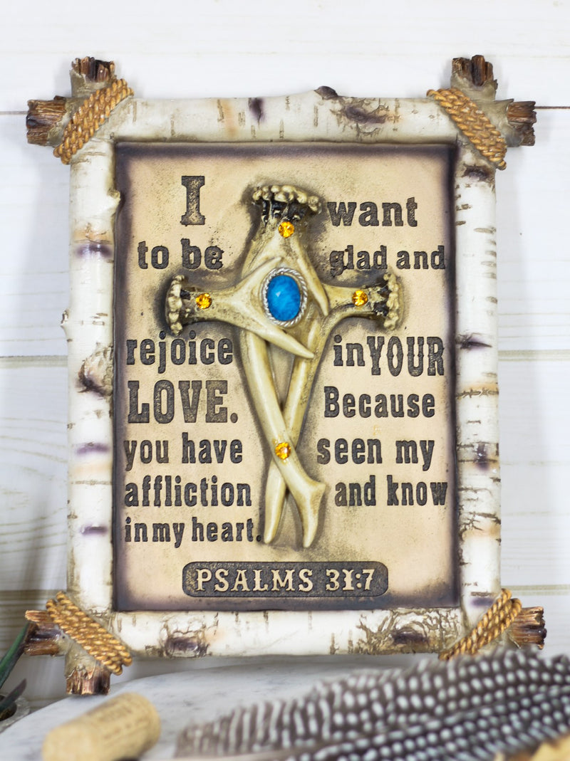 Rustic Faux Birchwood Turquoise Deer Antlers Cross Bible Verse Wall Decor Plaque