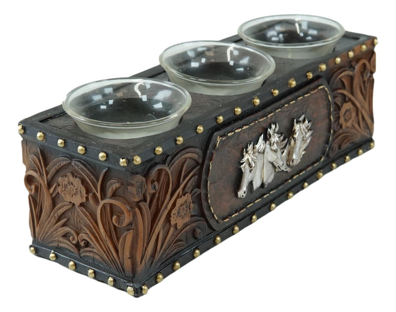 Rustic Western Cowboy Horses Floral Faux Tooled Leather 3 Votives Candle Holder