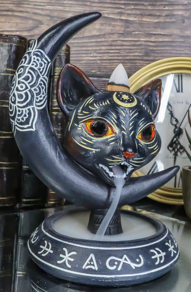 Occult Wicca Sacred Geometry Black Cat Crescent Moon Backflow Incense Burner